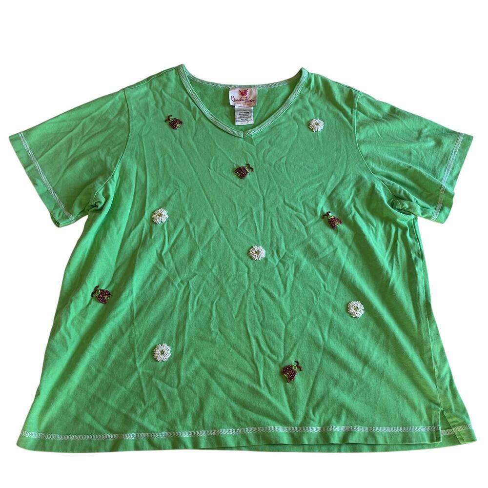 Green Beaded Daisy Lady Bug T Shirt Plus Sz 1X Cottagecore